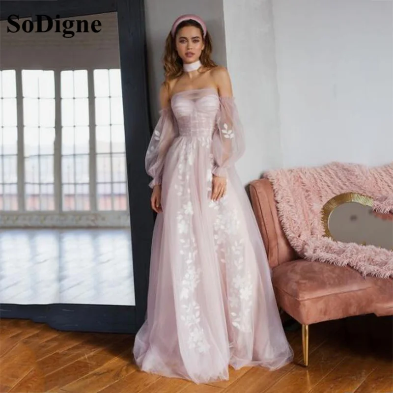 

SoDigne Elegant Pink Tulle Prom Dresses Off The Shoulder Long Sleeves 3D Flower Formal Evening Gowns Wedding Party Dress