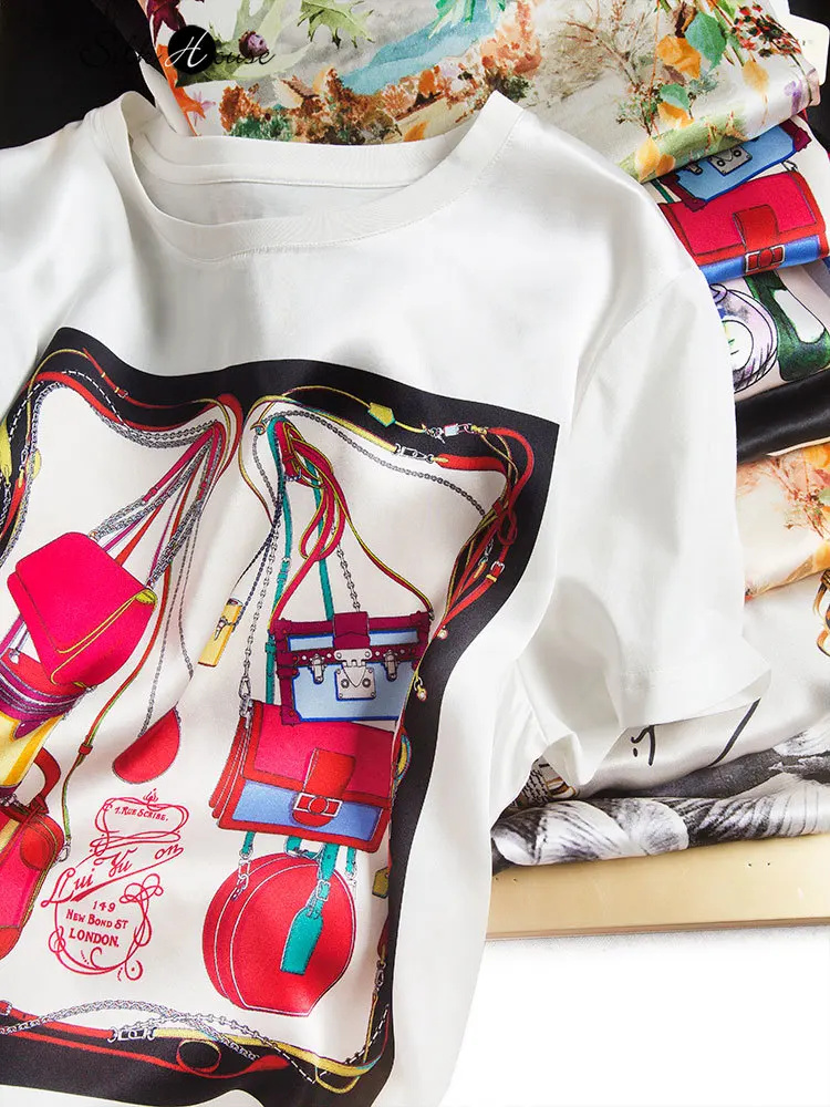 Início da Primavera Cetim de Seda Moda Coringa Luxo Exclusiva Impressão Digital Manga Curta Camiseta Feminina 2021