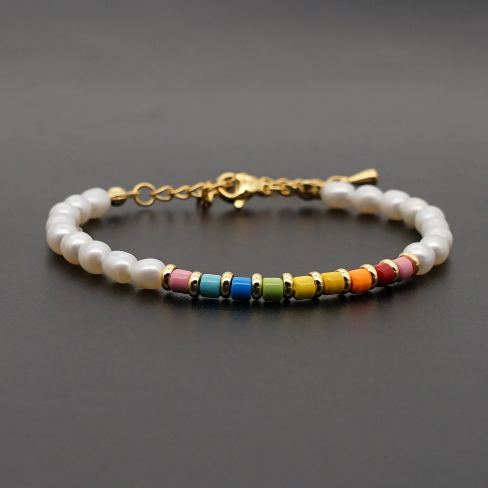 

Shinus 2021 Enamel Tube Beads Bracelets Freshwater Pearl Bracelet Women's Jewelry Boho Natural Perles Rainbow Tile Jewellery