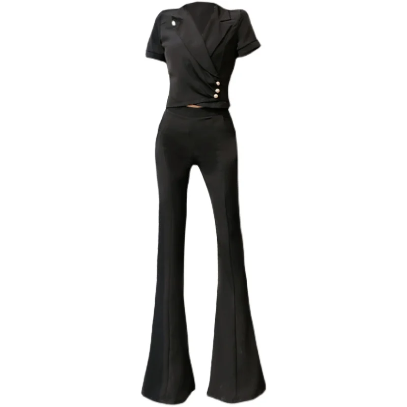 

Elegant Lady Summer Suit Female 2021 New Irregular Top Slimming Bootcut Pants Solid Color Two-Piece Set