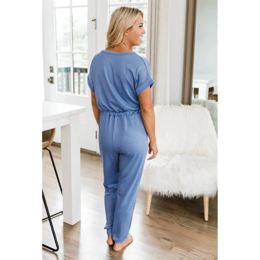 

2021 Spring And Summer Female Cross V-Neck Short-Sleeved Lace-Up Pocket Casual Jumpsuit Women Casual Solid Color Rompers Femme