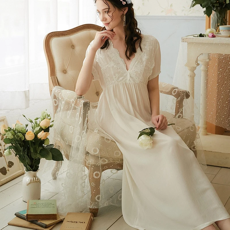 Sexy Lace Vintage Nightdress Sweet Negligee Nightwear V-neck Sleepwear  Ladies Summer Women Nightgowns Dress