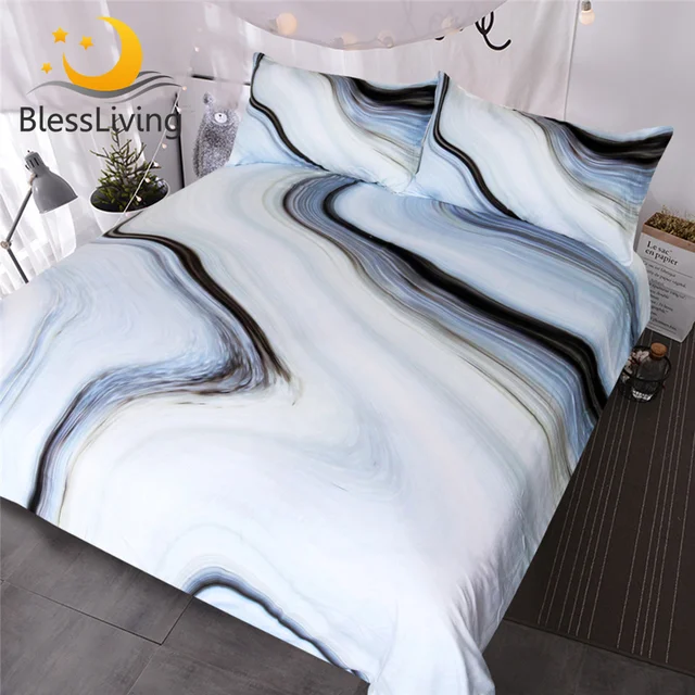 BlessLiving Marble Bedding Set Black White Gray Duvet Cover Set Rock 3-Piece Bed Cover Nature Inspired Abstract Bedspreads Queen 1