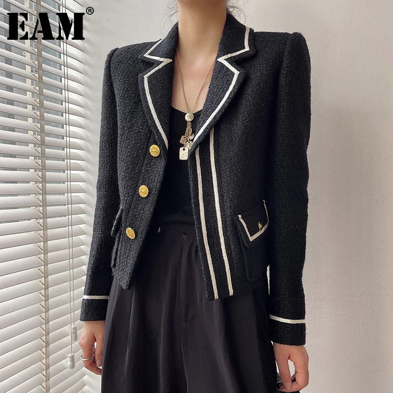 

[EAM] свободное черное твидовое элегантное шерстяное пальто большого размера, парки, новая женская мода с длинным рукавом, Осень-зима 2022, 1DE3974
