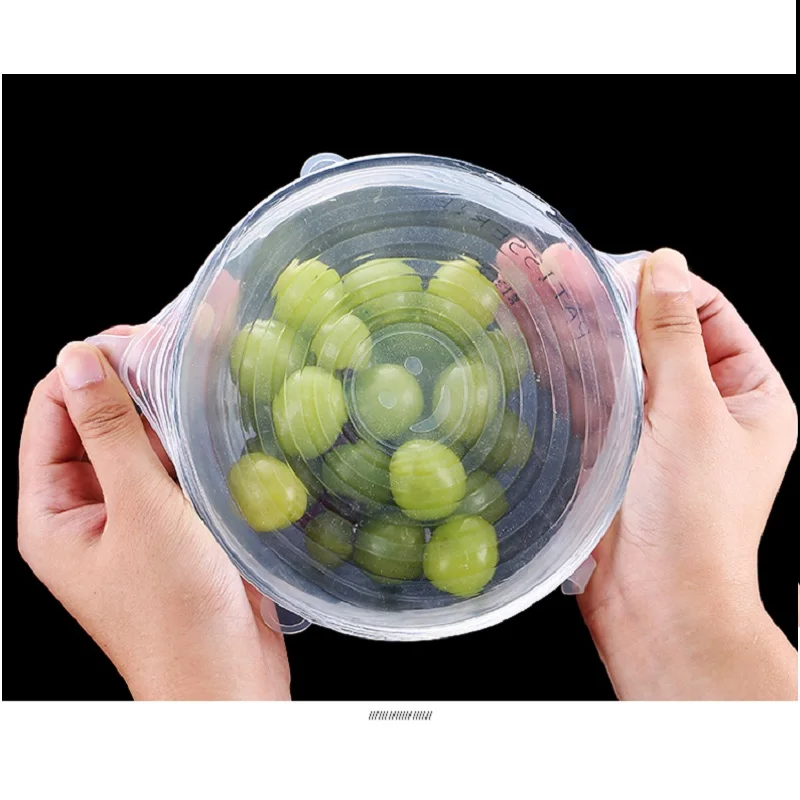 6pcs/Lot Baby Food Grade Silicone Stretch BPA Free Kids Cover Suction Lid-Bowl Pan Fruit Mug Keeping  Vegetable Transparent