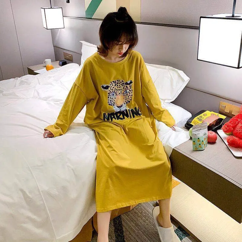 В полоску Женская летняя модная ночная сорочка с длинными рукавами Повседневная