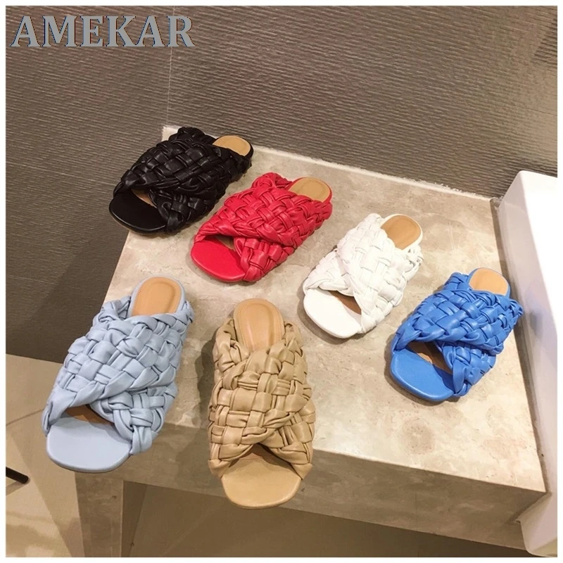 

Summer Women Slipper Brand Weave Ladies Sandal Shoes Low Open Toe Flat Casual Slides Beach Flip Flops Big Size 35-42