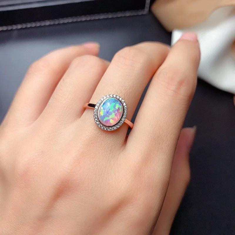 

BOCAI New real 100% s925 silver new natural Australian opal jewelry ring set beautiful full of sparkle, Valentines day gift