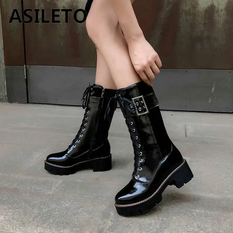 

ASILETO womens motorcycle ankle boots for ladies round toe platform lace up zipper