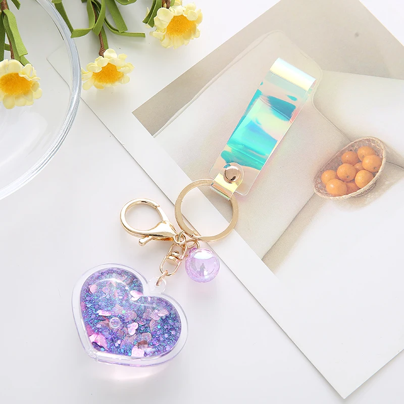 

Creative Acrylic Into Quicksand Oil Bottle Love Heart Key chain Flash Peach for Women Car Keychain Bag Pendant EH127
