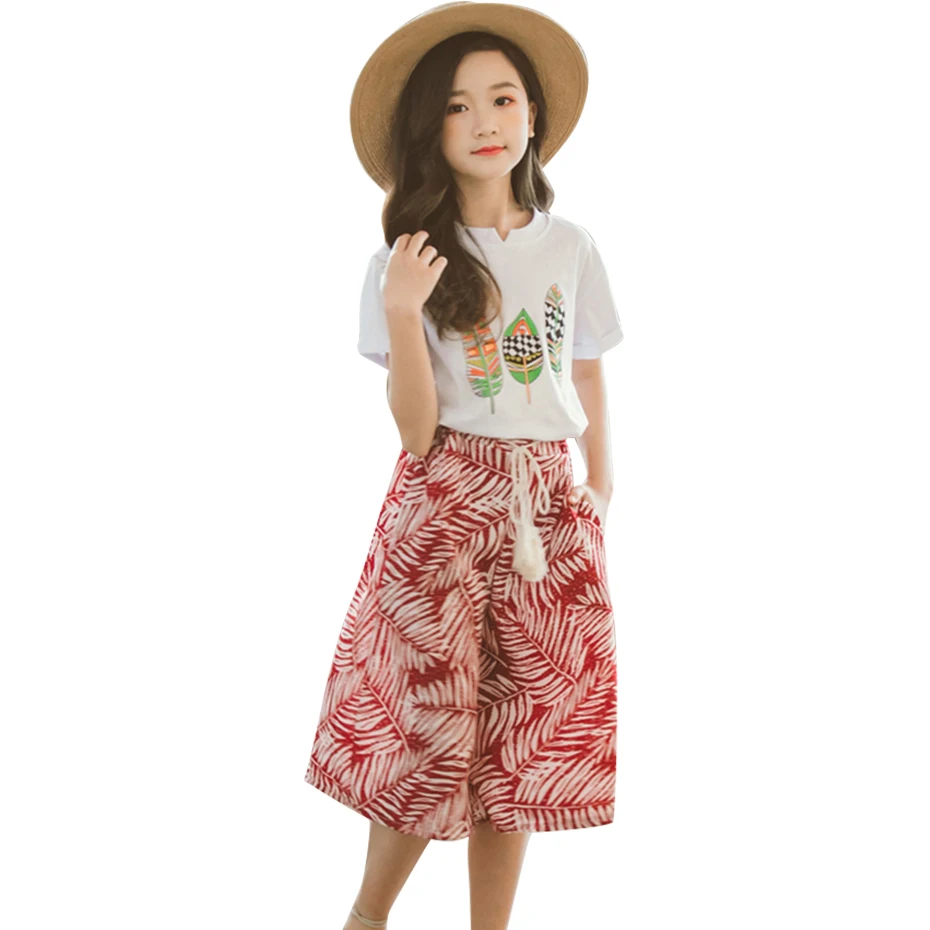 Одежда для подростков девочек футболка + юбка в форме листьев Костюм девочки На