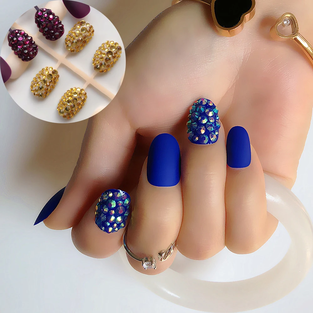 24 шт. синий сапфир Пресс для ногтей нанесения с помощью клея по желанию заказчика