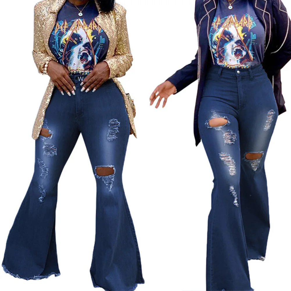 Модные Высокая Талия Брюки клёш брюки Для женщин ретро Рваные джинсы Широкие