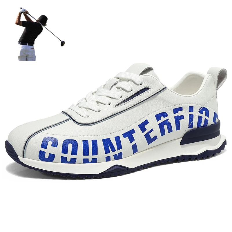 

Daily Leisure Golf Sneakers for Men Anti-Slippery Walking Shoes Mens Blue Gray Golf Training Cow Leather Mens Golfing Shoes