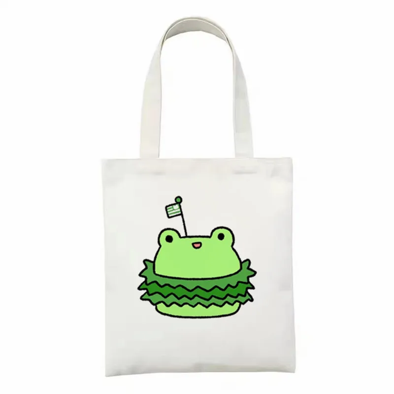 

Women canvas shopping bag cartoon Shopper Handbag large capacity Female Shoulder Bag frog Eco ladies Travel Canvas Tote Bag 2021