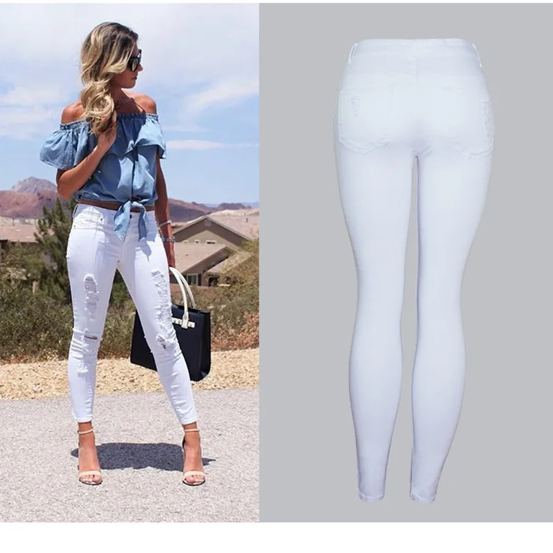 

Однотонные белые штаны с вырезами и высокой талией, женские узкие брюки в европейском стиле, популярные женские узкие брюки