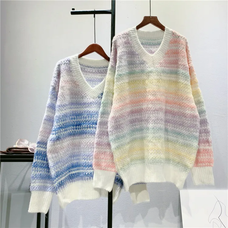 Женский свободный свитер с v-образным вырезом градиентный цвет зима 2020 | Женская