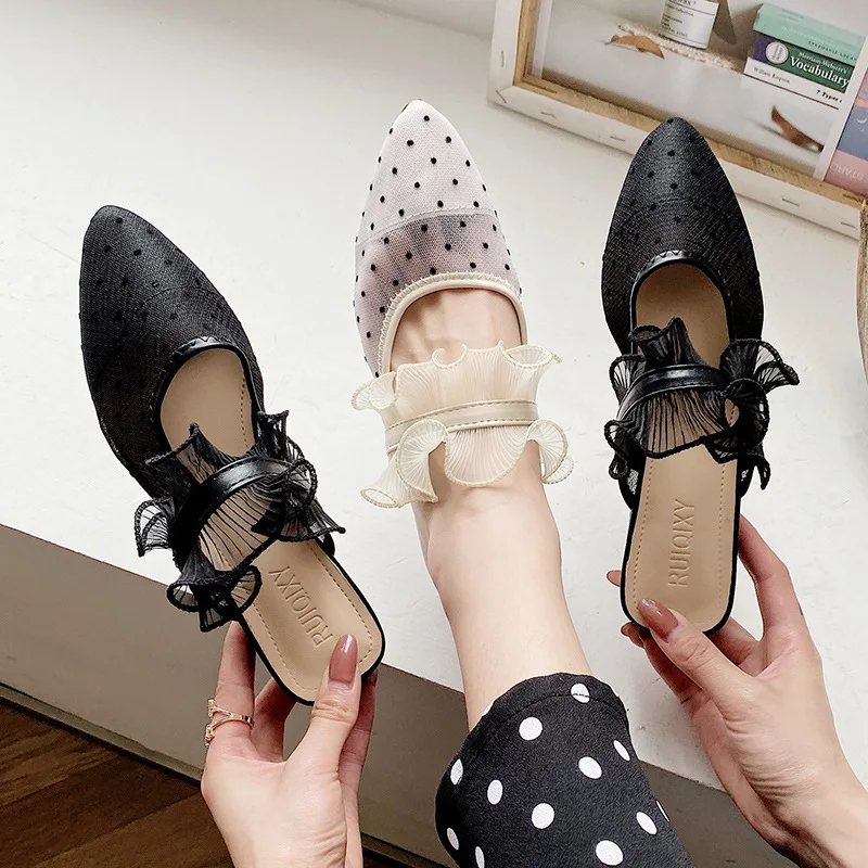 

Baotou Half Slippers Female Outer Wear New Summer Sandals and Slippers Pointed Thick Heel Shoes Women Shoes