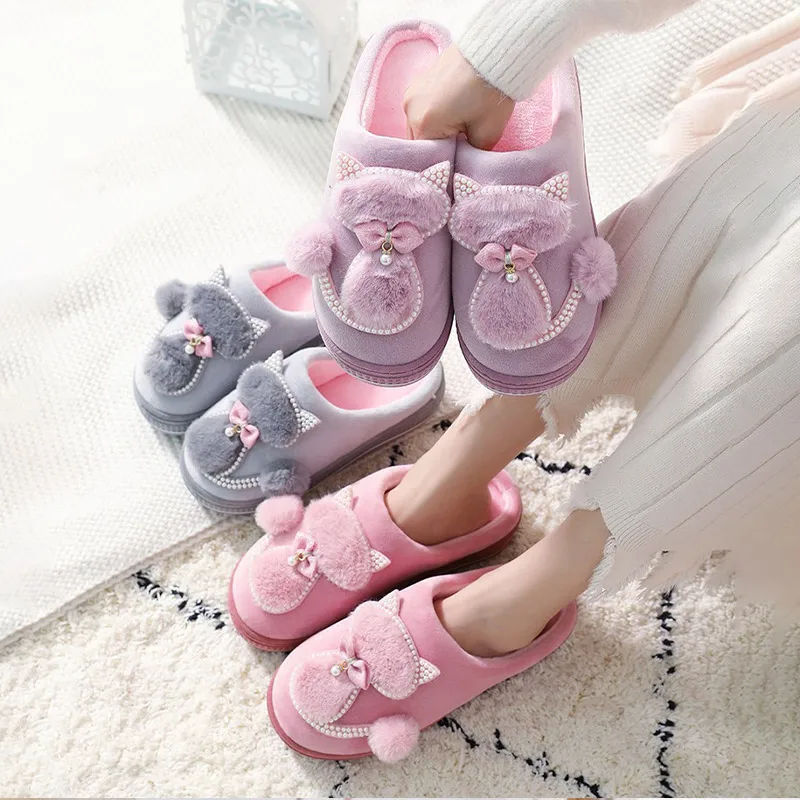 Winter Women Slippers Shoes Home Cute Thick Bottom Cat Warm Plush Ladies Shoe Fashion Flat Platform Female Casual 2021 New | Обувь