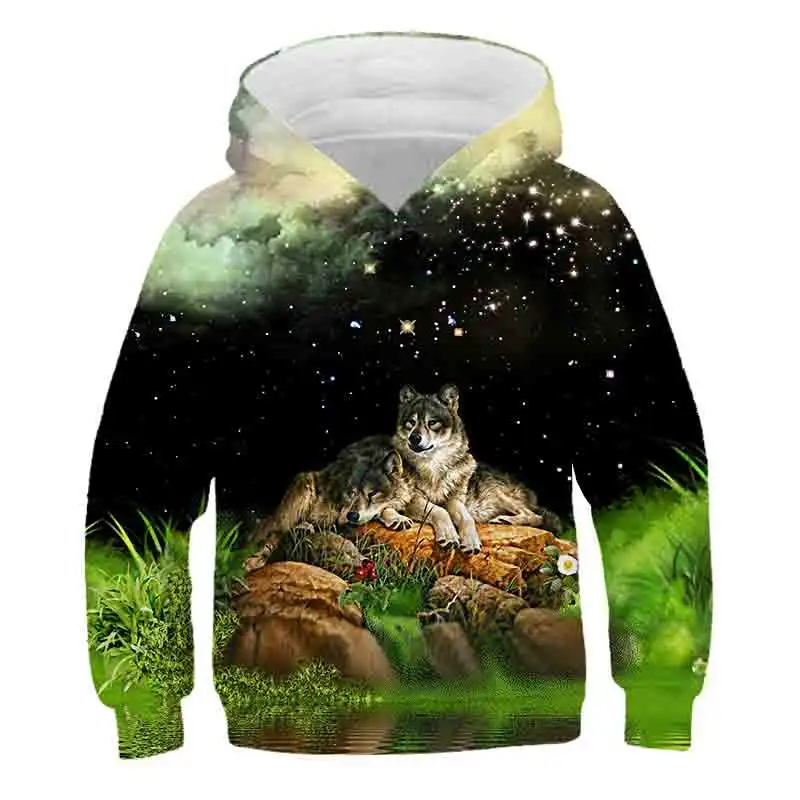 2021 New Style Boys and Girls Wolf Pattern Hoodie Fall/Winter Teen kids Animal Clothing Sweatshirt clothing 4-14 year old | Детская