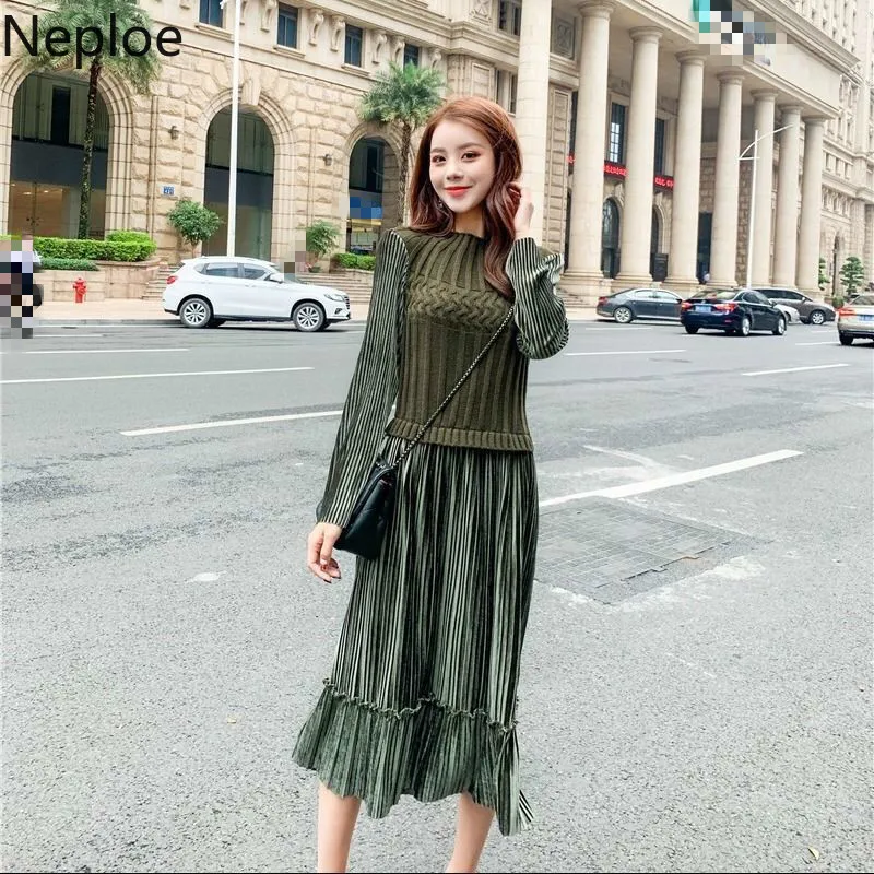 

Neploe Stand Collar High Waist Hip Vestido Solid Patchwork Fake Two Pcs Knit Long Sleeve Dress Autumn Spring Pleat Ropa 47997