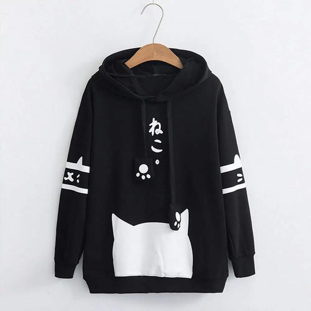 

2019 Fashion Womens Casual Long Sleeve Hoodie Sweatshirt Autumn Lady Kitty Cat Print Pocket Thin Pullover Top Sweat Femme