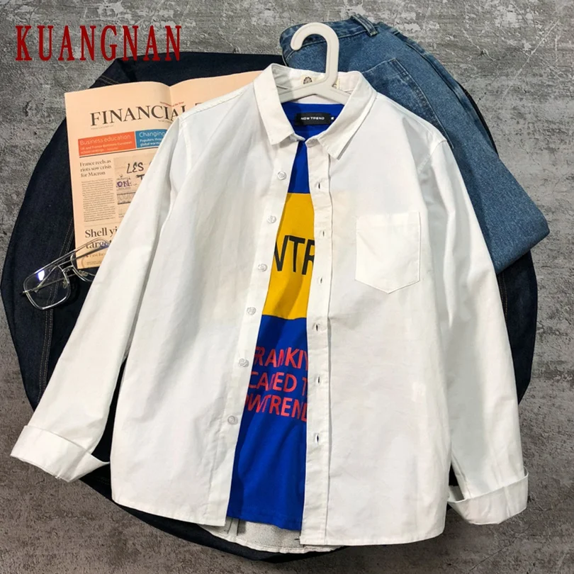 KUANGNAN Cat Вышивка белая рубашка мужские модные рубашки с длинным рукавом