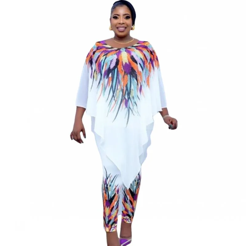 

African Clothes For Women 2 Piece Set Long Top And Pants Outfits Fashion Summer New Print Chiffon African Office Lady Pant Suits