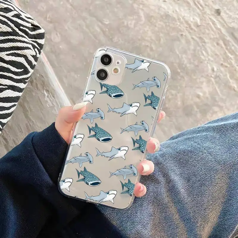 

Cute cartoon shark animal Pink blue Phone Case Transparent Clear for iPhone 11 12 mini pro XS MAX 7 8 6 6S Plus X 5S SE 2020 XR