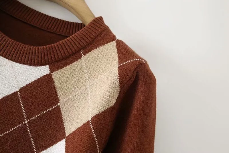 Винтажный кофейный вязаный свитер в клетку с ромбами женские пуловеры круглым
