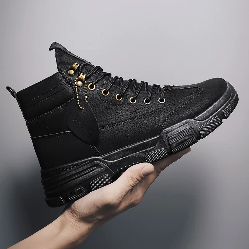 Мужские кожаные ботинки водонепроницаемые в стиле милитари на шнуровке зимние
