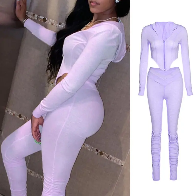 

Женский осенний комплект из 2 предметов, укороченный топ на молнии с капюшоном и длинными рукавами, однотонные спортивные Леггинсы с высоко...