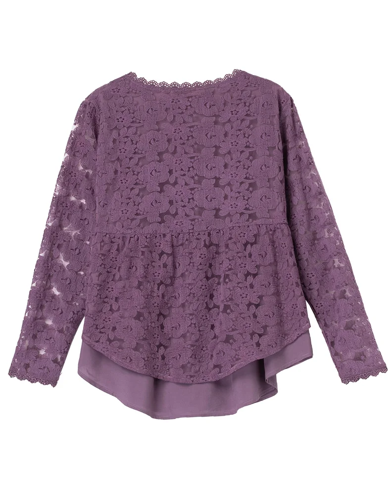 

Folds Hollow Out Long Sleeve Patchwork V-Neck Floral Lace Fake Two Blouse Sweet Elegant OL Loose Summer Female Tops Big Size