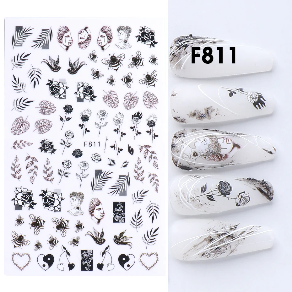 Черный и белый цветок ногтей 3D стикер простой дизайн слайдер в виде листа