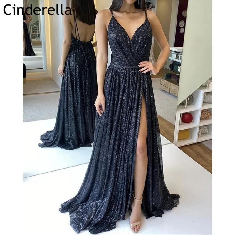 

Sequins Prom Dresses Backless Spaghetti Straps Sweep Train A-Line Sequins Dresses Open Back vestidos de fiesta de noche