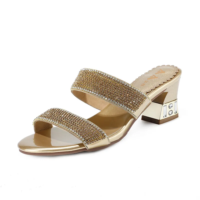 

Shoes Women Med Glitter Slides Slippers Casual Gold Sandals Rubber Flip Flops Pantofle Square heel Shale Female Beach Soft Jell