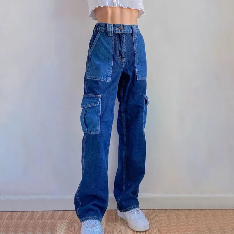 

England Preppy Style Straight Jeans Women Pockets Casual Baggy Cargo Pants Girls' 90s High Waist Streetwear Denim Pants