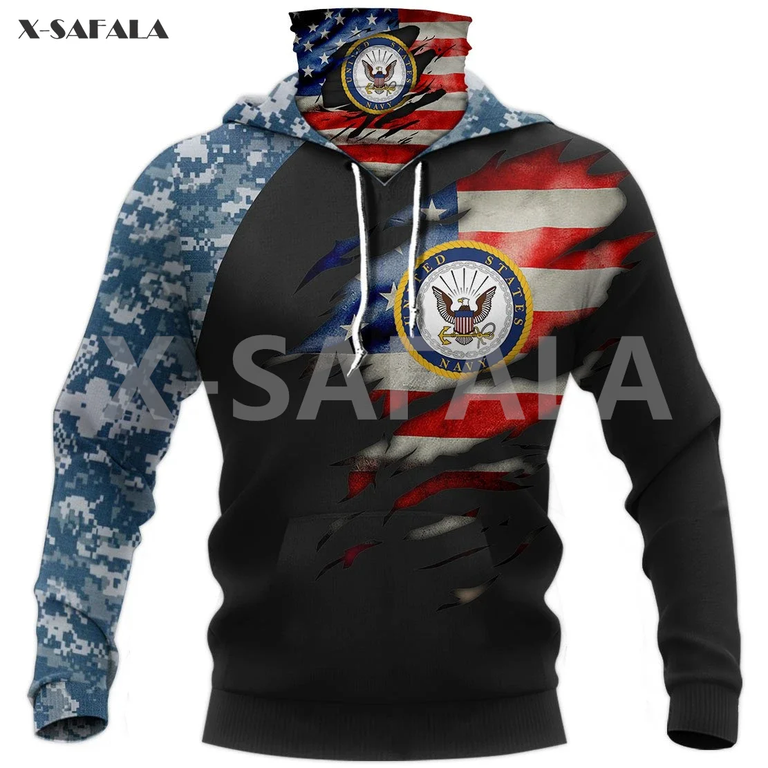 

U S Navy Army Eagle Camo Flag 3D Printing Face Mask Neck Warm Hoodies Zipper Man Unisex Harajuku Outwear Pullover Sweatshirt
