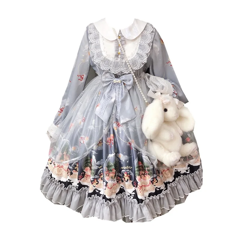 Dress and Smock Дворцовый стиль Лолиты Принцесса Винтаж снежный шар снеговик шаблон OP платье женские Kawaii Кукла Воротник Кружева оборками зимнее платье - Цвет: Dress and Smock