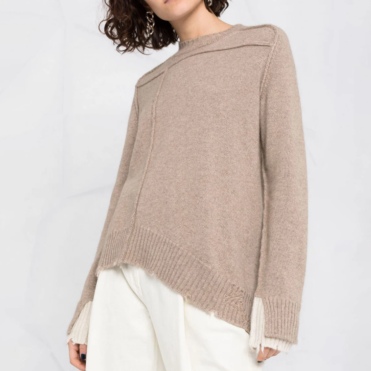 

Pirate Hippie Pin Cashmere Sweater Woman Autumn Patchwork Sleeve Irregular Hem Pullover Casual Vintage Classic Sweaters Tops