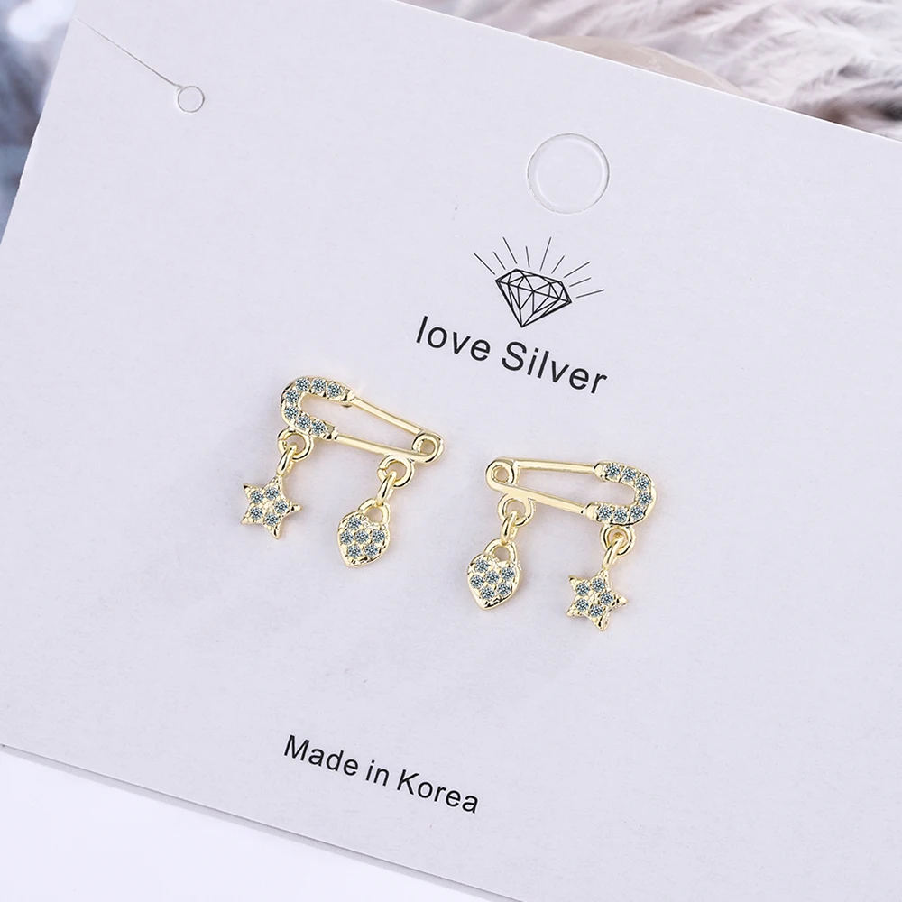

YH-ZL 925 Silver Color Pin Shaped Star Heart Stud Earrings for Women Party Korean Jewelry