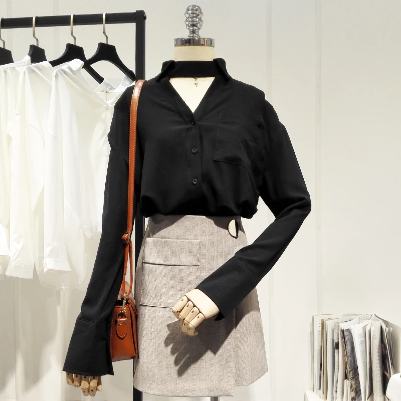 Винтажная шифоновая женская блузка и рубашки 2021 летняя новая черная сексуальная