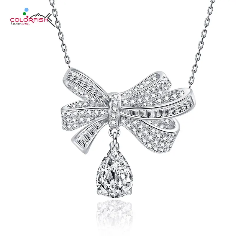 

COLORFISH Luxury 2 ct High Carbon Diamond Fashion All Match Bowknot Pendant Necklace For Woman 100% 925 Sterling Silver Jewelry