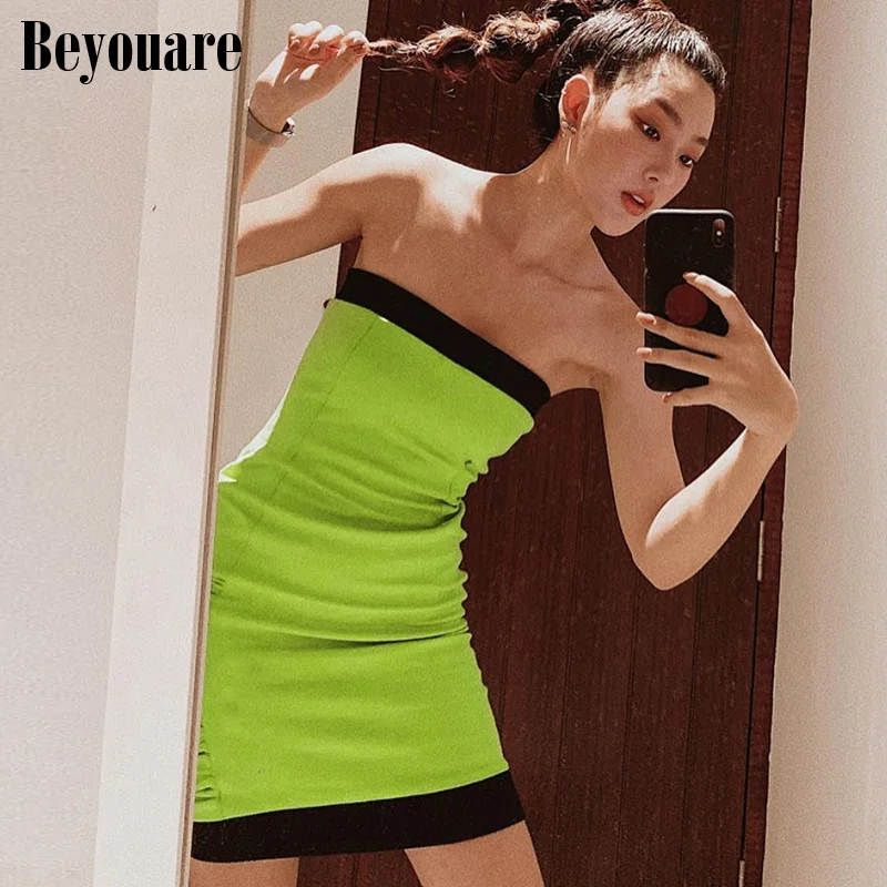 

Beyouare Summer Sexy Strapless Women's Dress Casual Splice Green Folds Skinny Mini Pencil Dress 2021 Elegant Party Club Bodycon