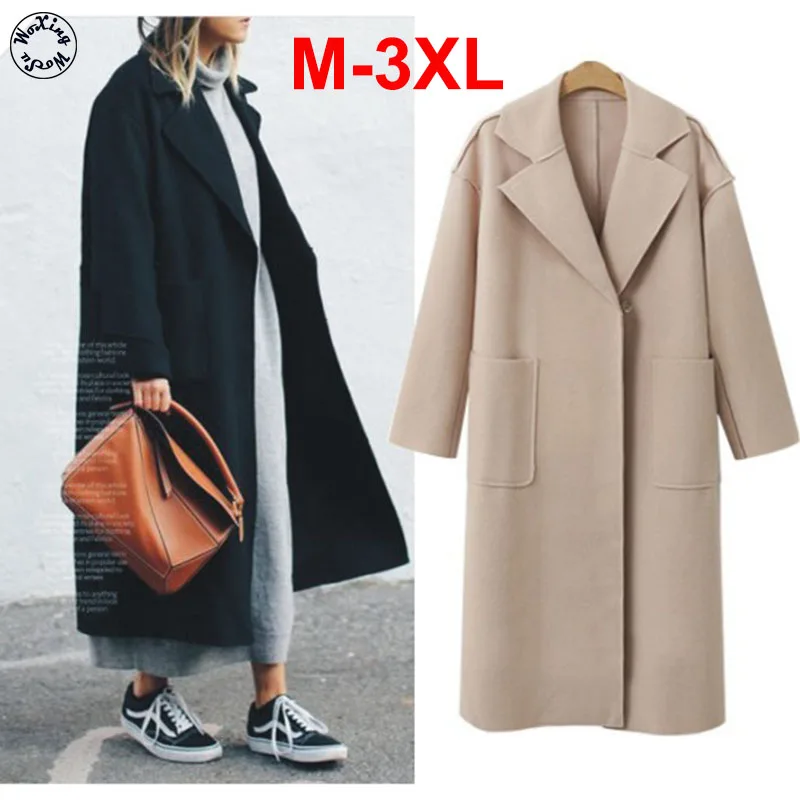 

Женское шерстяное пальто Woxingwosu на осень и зиму, свободная ветровка, размеры от M до 3XL