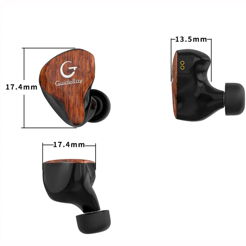 GuideRay GR-T20 Dynami 2 Balanced Armature Ugin Wood panel DD+2BA Hybrid Bass Hifi Music Monitor Studio Earphone Earbuds 0.78mm |
