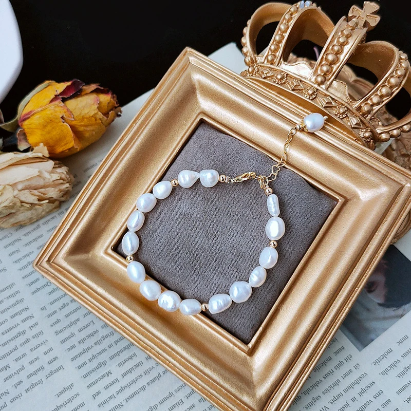 

2021 New Natural Baroque Freshwater Pearl 14K Gold Filled Ladies Bracelet Jewelry For Women Birthday Gift 17.8cm