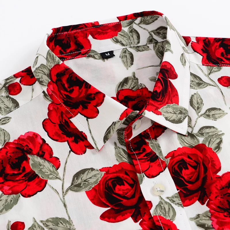 100 Cotton Hawaiian Man Shirt Short Sleeve Us Size Rose Floral Beach Regular Fit Summer