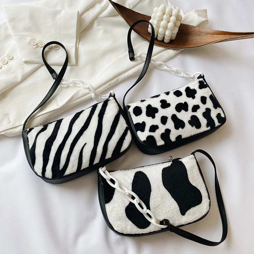 

Plush Handbag Totes Female Autumn Winter Fashion Animal Cow Zebra Pattern Clutches Purse Retro Travel Chain Underarm Shoulder Ba