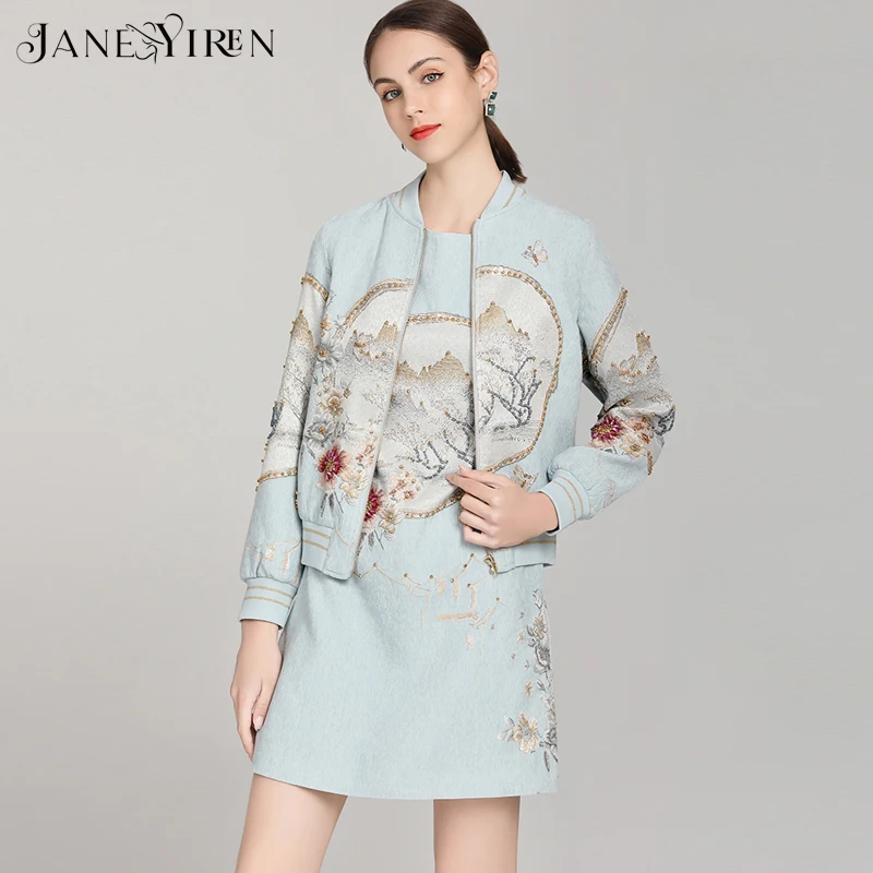 Janeyiren Fashion Designer Autumn Elegant Blue Dress Suit Women's Long sleeve Jacket Coat and Jacquard Short Dress Two Pieces Se